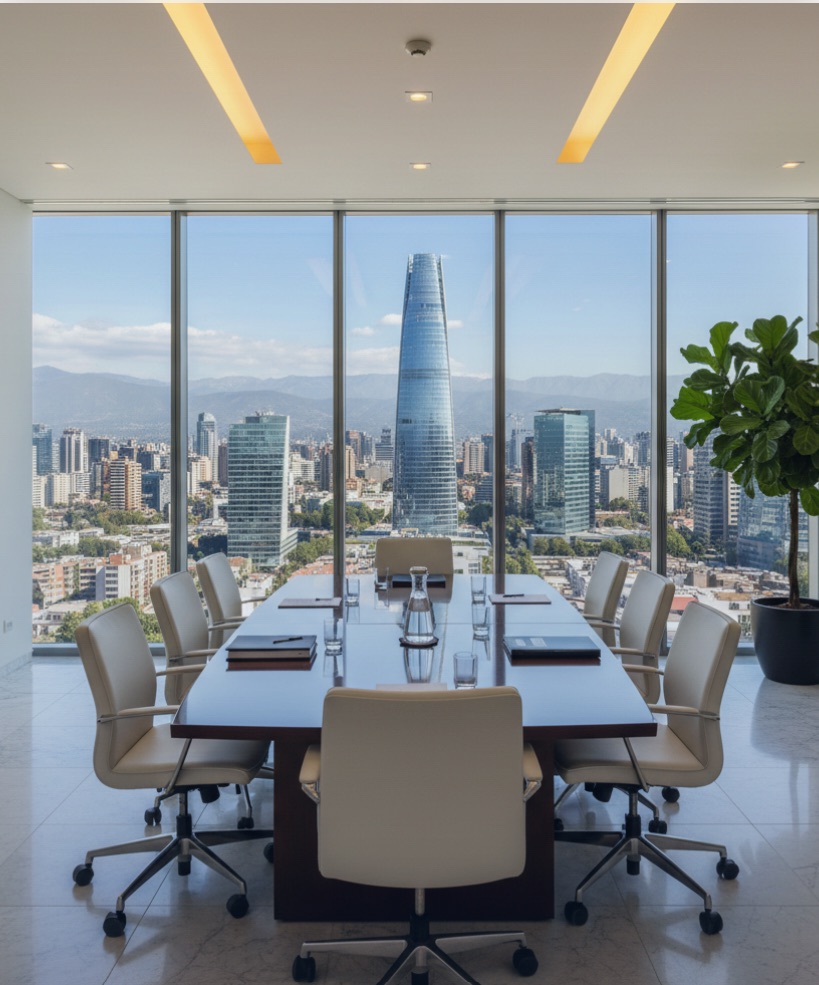Sala de directorio con vista panorámica de la ciudad